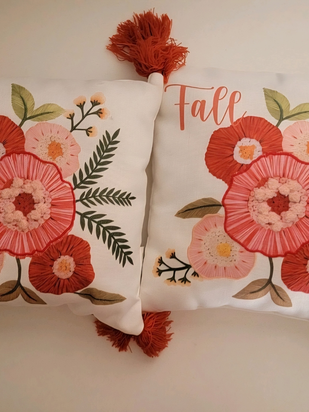 Fall Floral Accent Pillow Pair in Coral and Cream